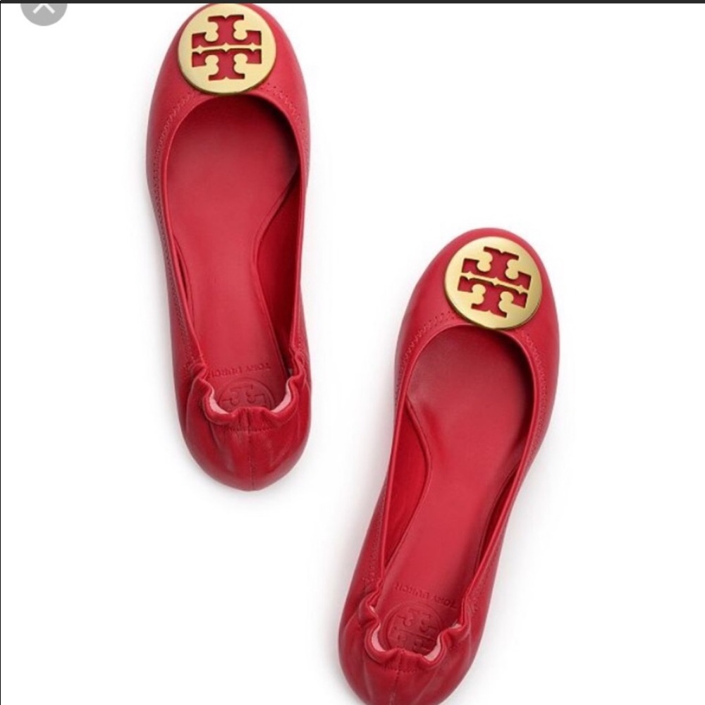Red Leather Tory Burch Ballerina Flats